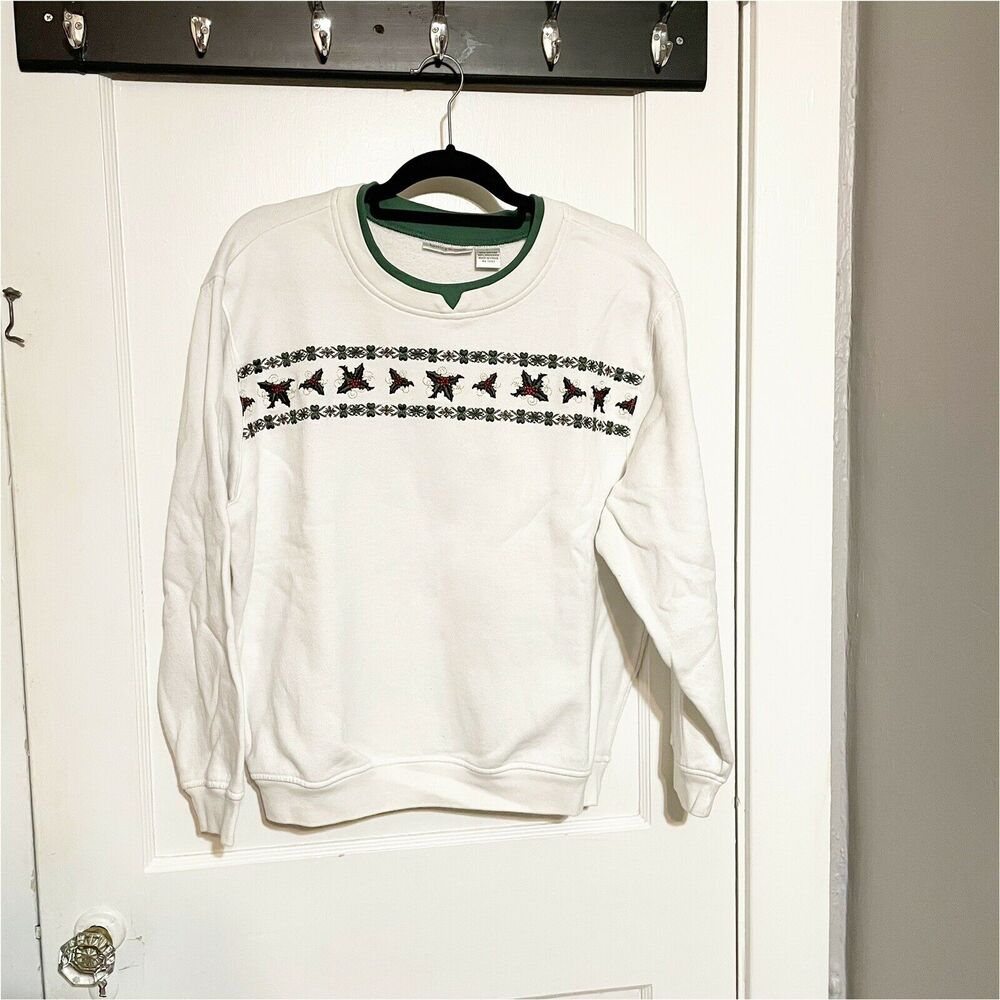 HASTING & SMITH Christmas Holiday Crewneck White sweatshirt Embroidered SIZE L